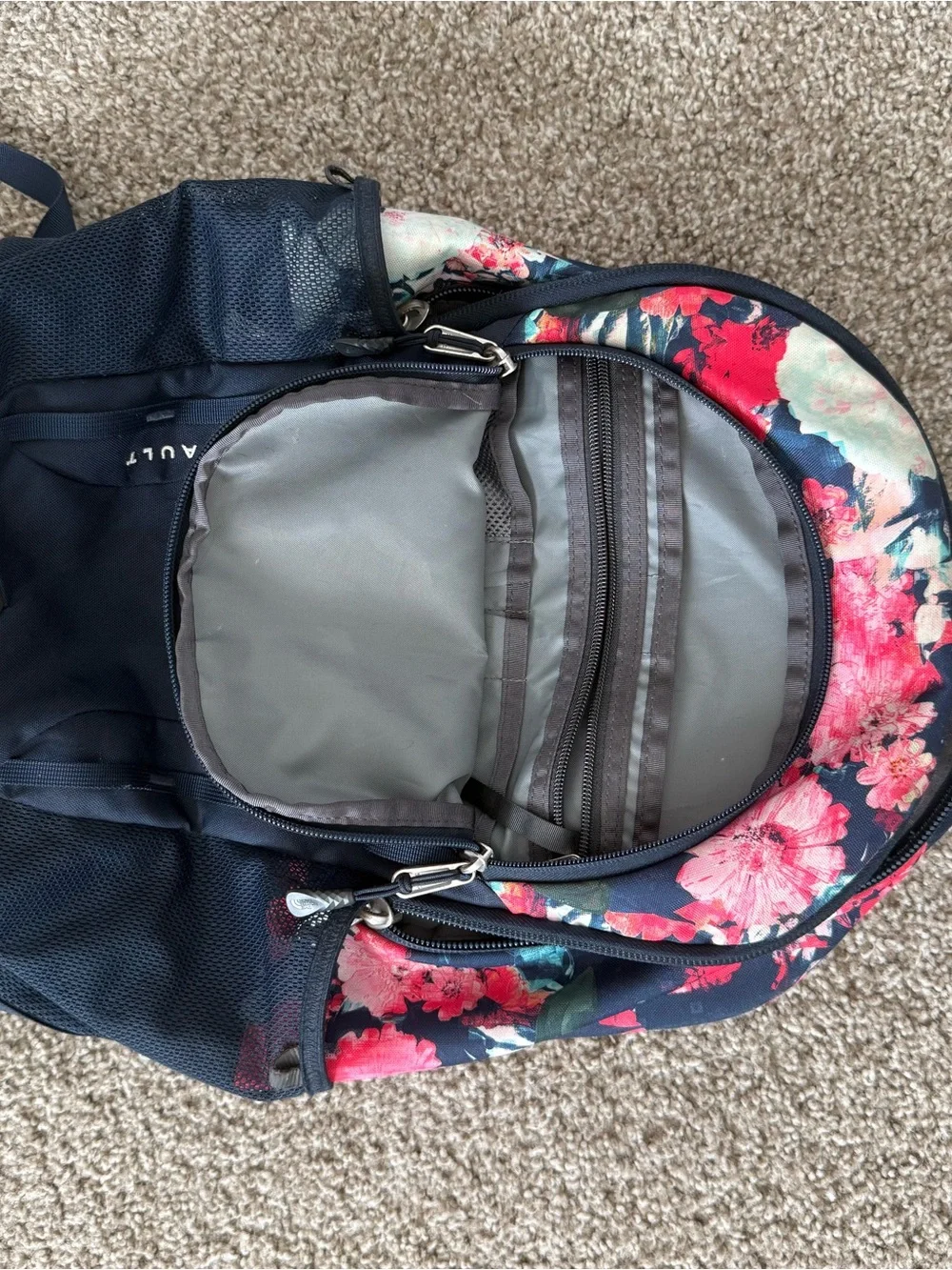 The North Face Navy Backpack with Pink Floral Top
